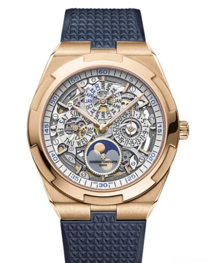 Vacheron Constantin Overseas Perpetual Calendar Ultra-Thin Skeleton Replica Watch 4300V/120R-B547 Pink Gold Rubber Straps